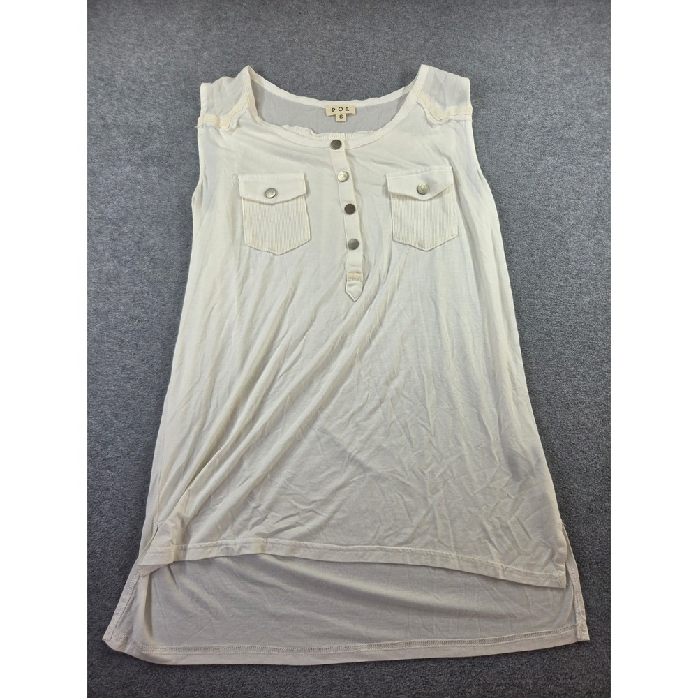 POL Cream Sleeveless Tank Top Womens Small Button Front Pocket High Low Boho